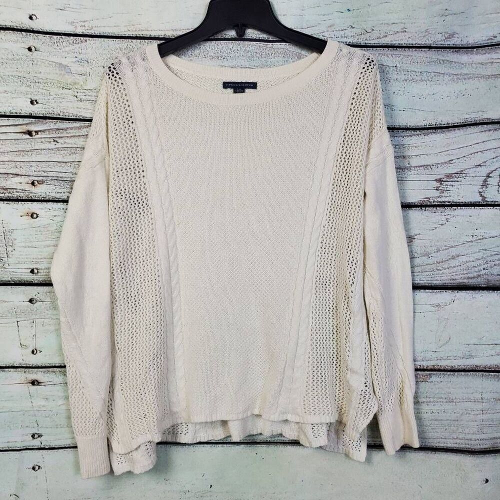 American Eagle Outfitters Women's Cream Sweater M Cable Knit Mesh Panel Long Sle